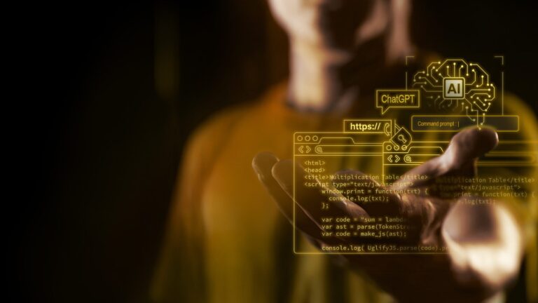 Decoratieve afbeelding, man met digitale attributen om zijn hand
