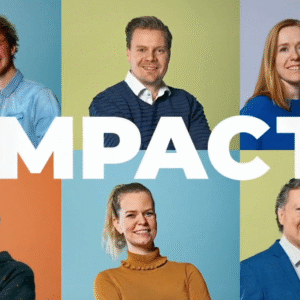 Afbeelding met verschillende mensen en in het midden groot het woord 'IMPACT'