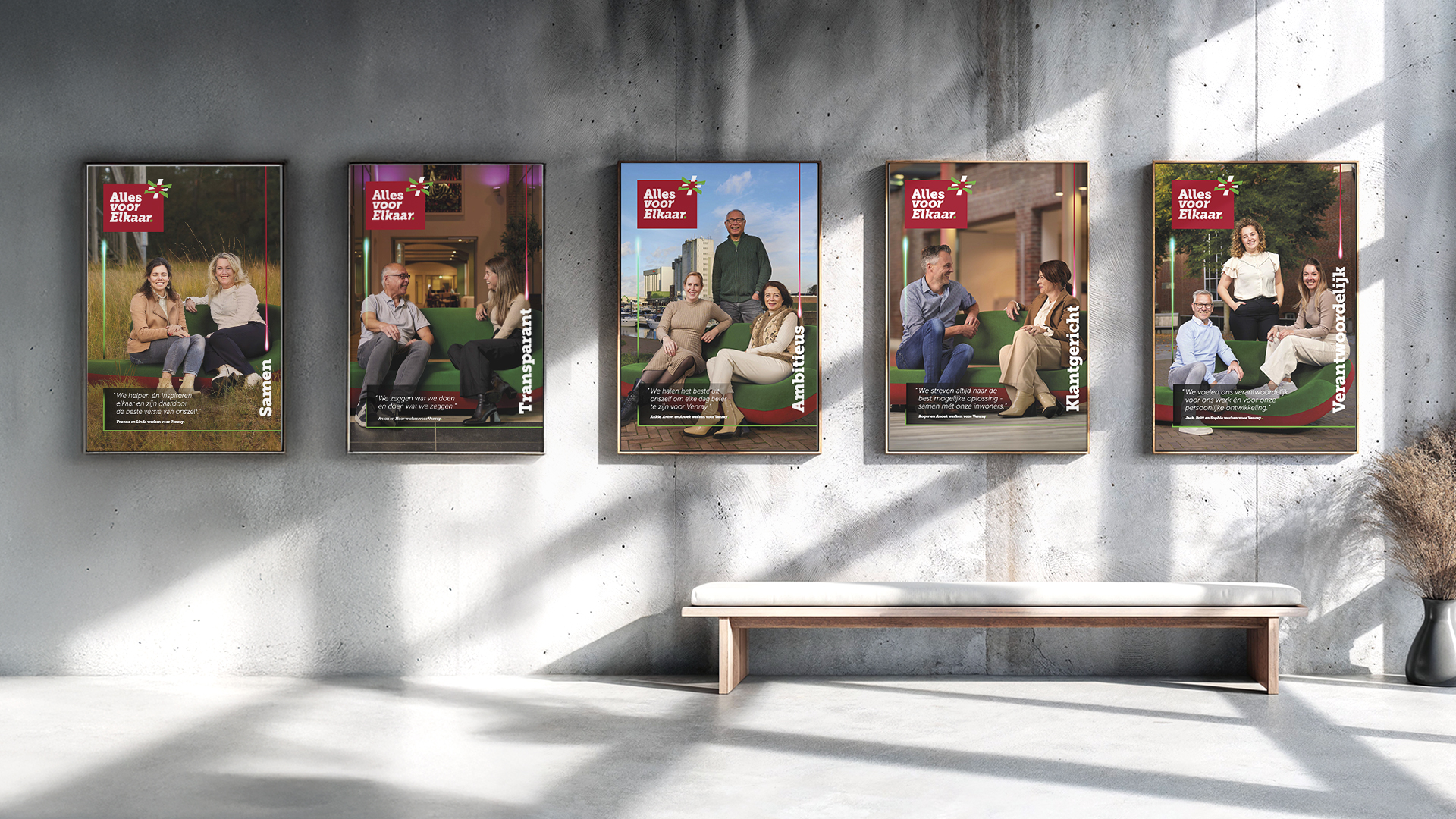 Campagne posters aan muur voor nieuw werkgevers merk gemeente Venray