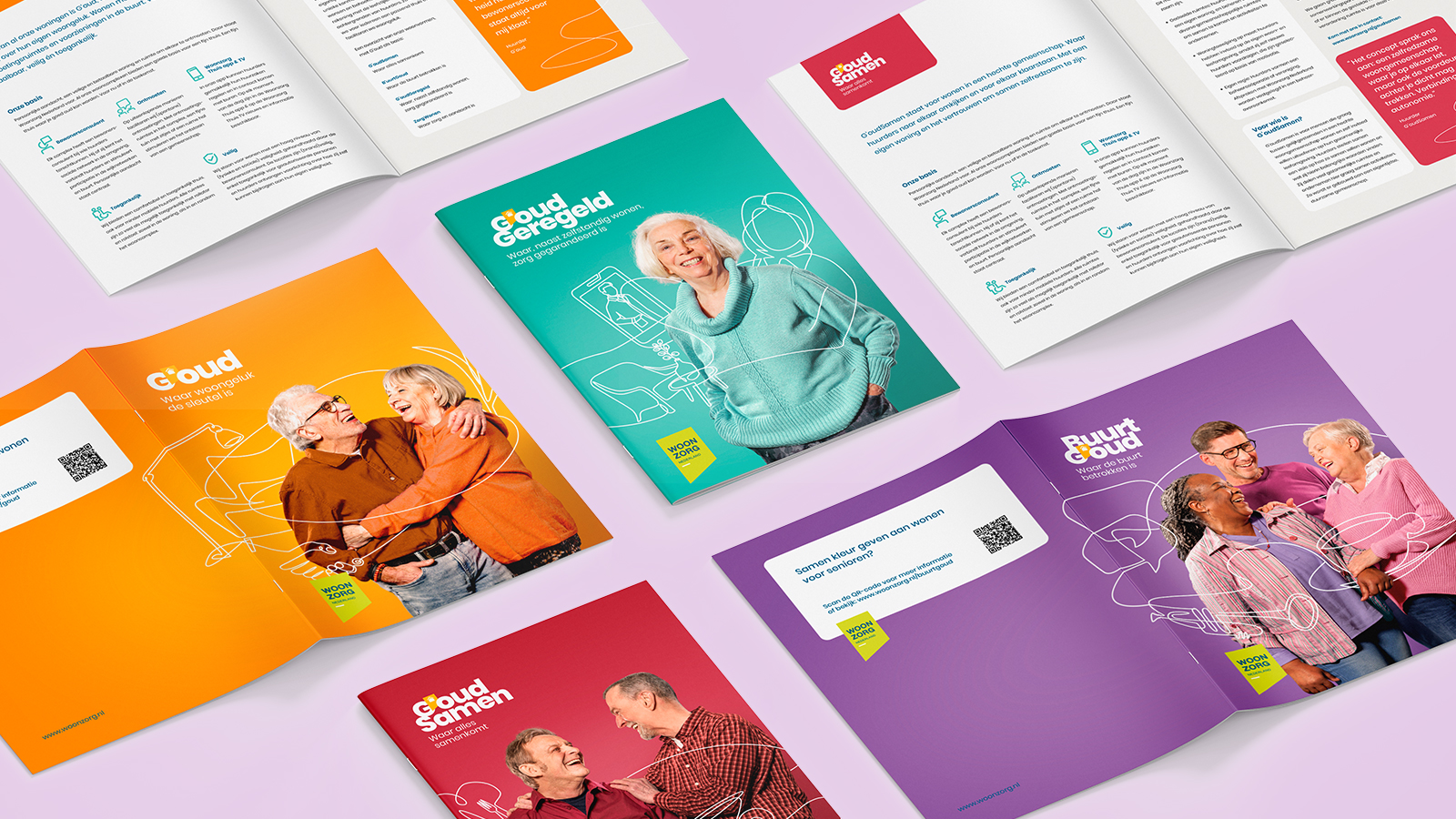 Woonzorg magazine covers en eerste dubbele bladzijden opgengeslagen verspreid over tafel.